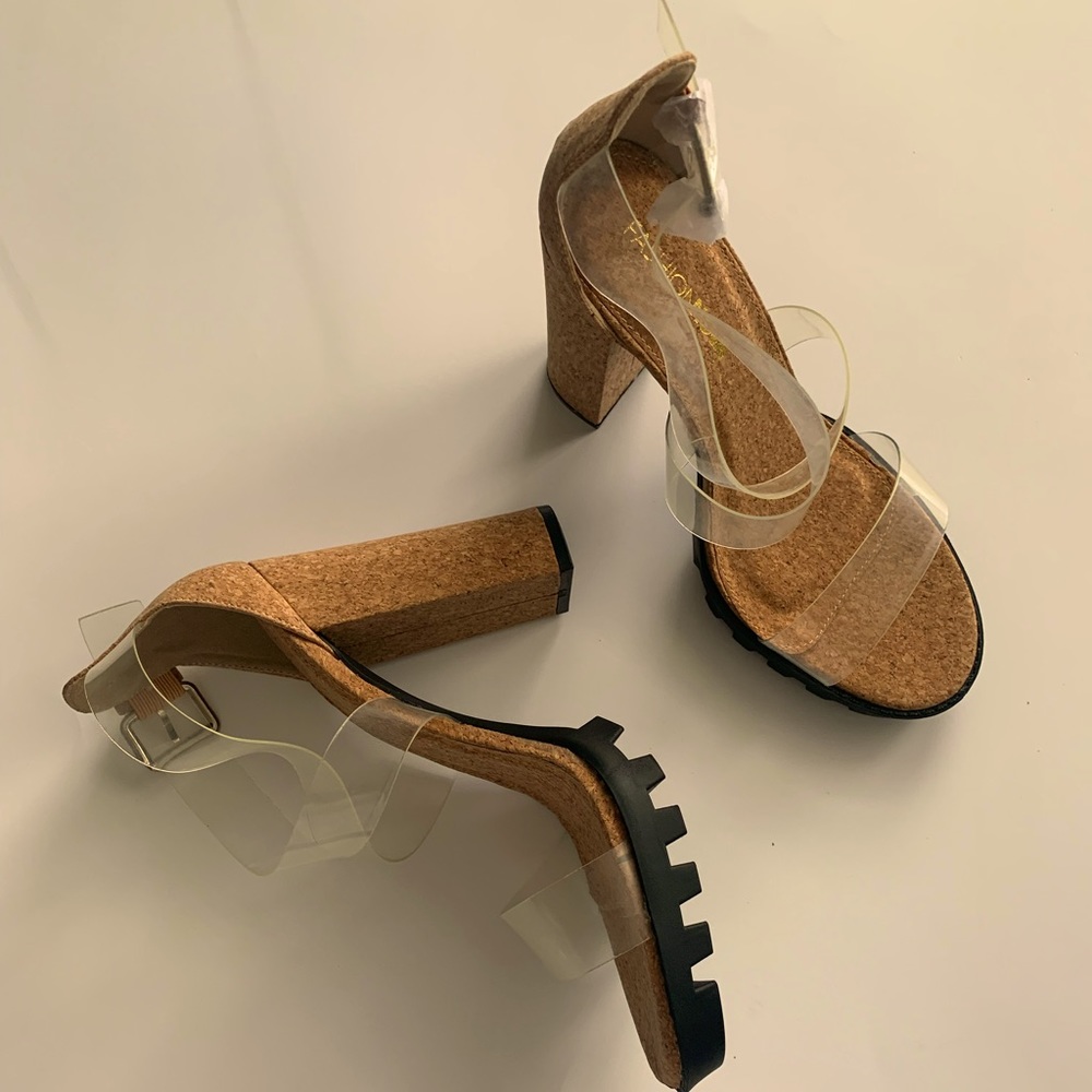Cork heel Sandal with clear cris cross straps! NEVER WORN!!!